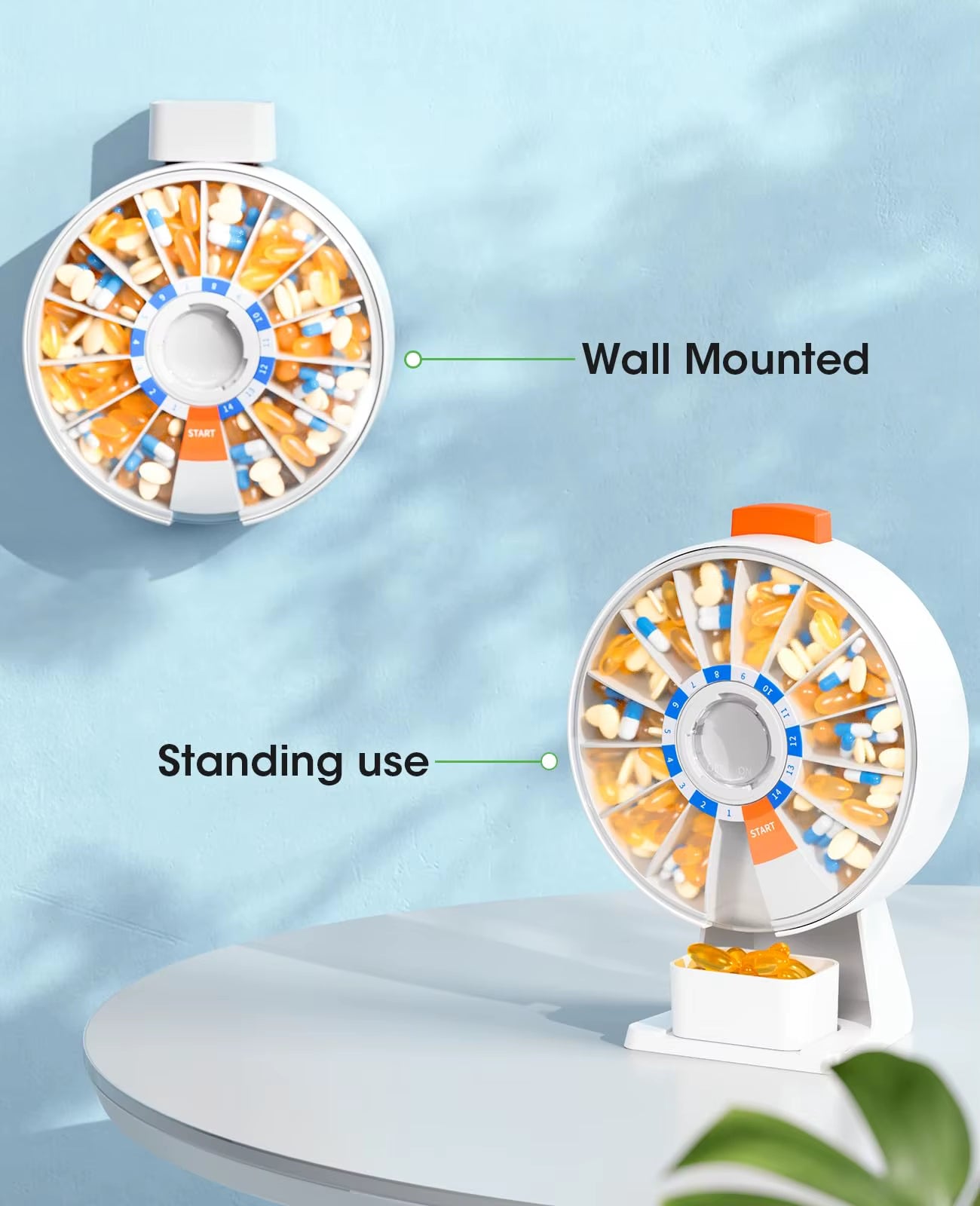 Pill Dispenser Daily, Large Pill Organizer with Wall-Mounted or Standing Use, 14 Days Pill Box, Push Button Design