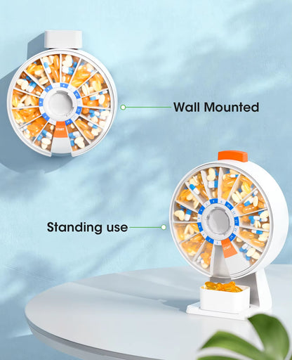 Pill Dispenser Daily, Large Pill Organizer with Wall-Mounted or Standing Use, 14 Days Pill Box, Push Button Design