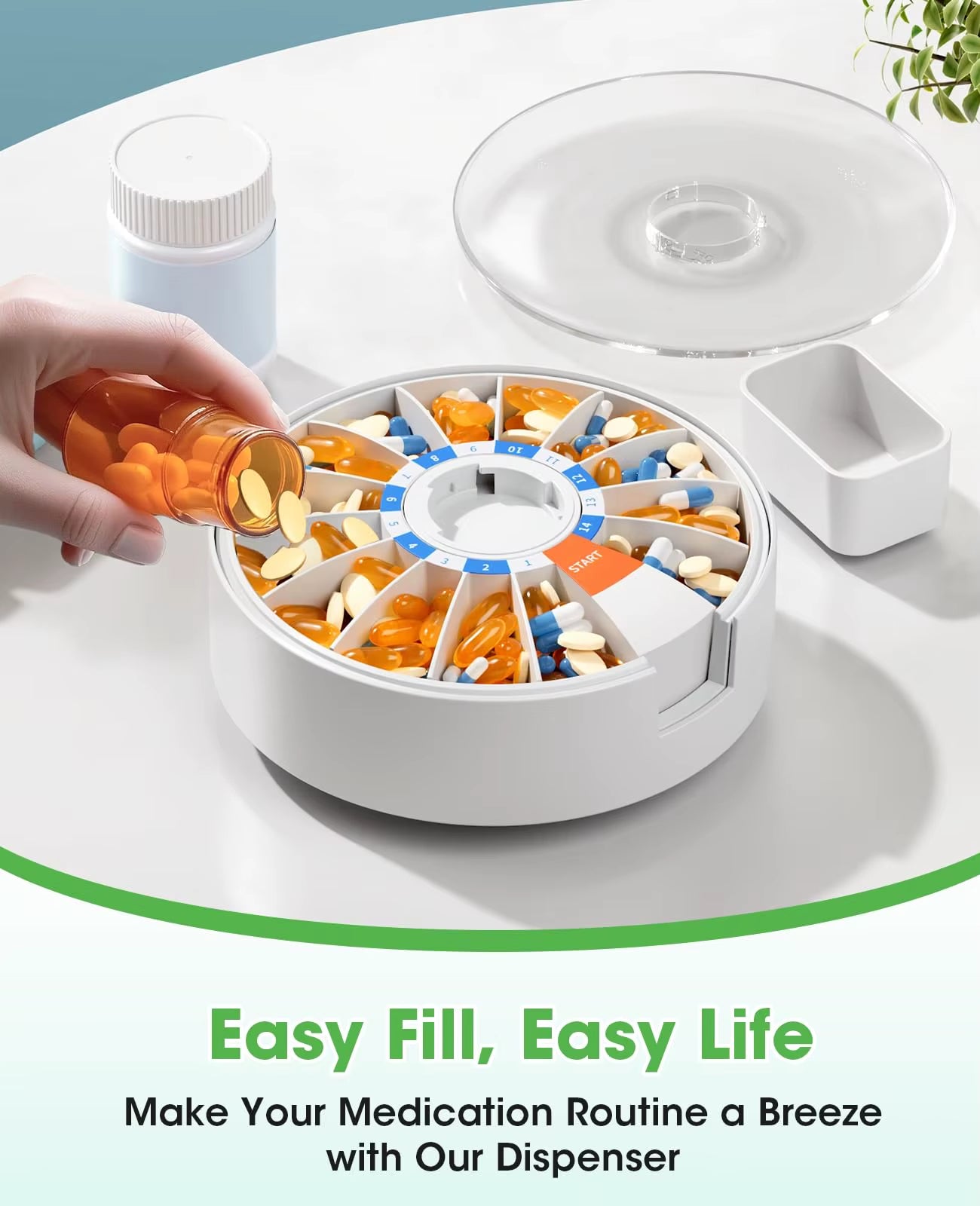 Pill Dispenser Daily, Large Pill Organizer with Wall-Mounted or Standing Use, 14 Days Pill Box, Push Button Design