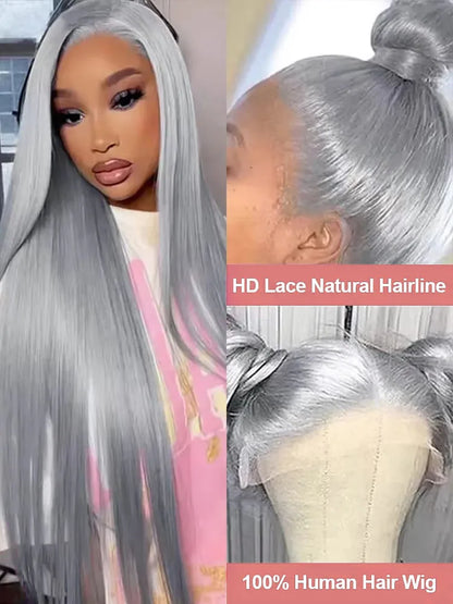 Silver Grey Straight Lace Front Human Hair Wig
