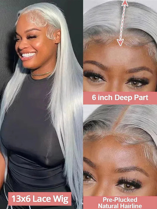 Silver Grey Straight Lace Front Human Hair Wig