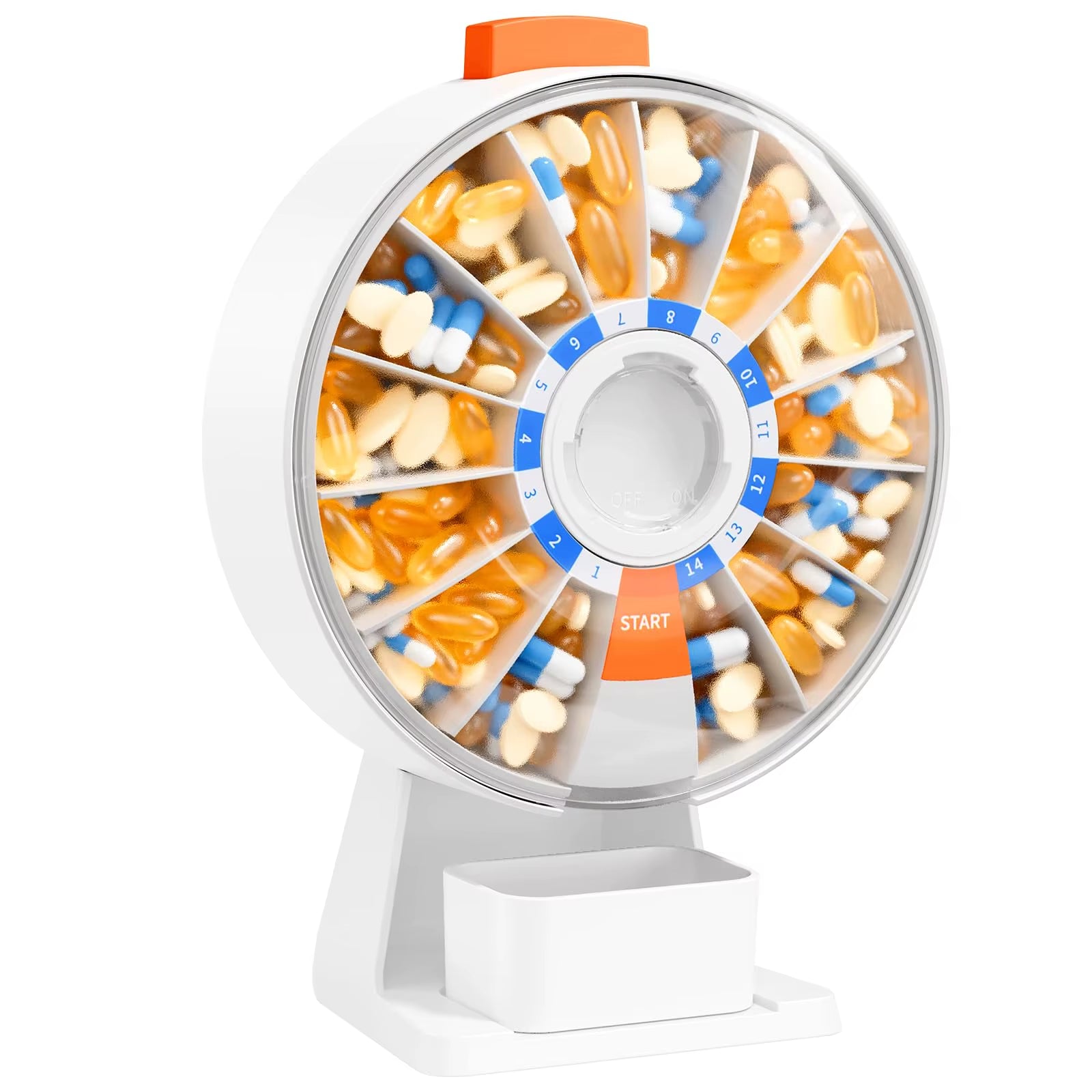 Pill Dispenser Daily, Large Pill Organizer with Wall-Mounted or Standing Use, 14 Days Pill Box, Push Button Design