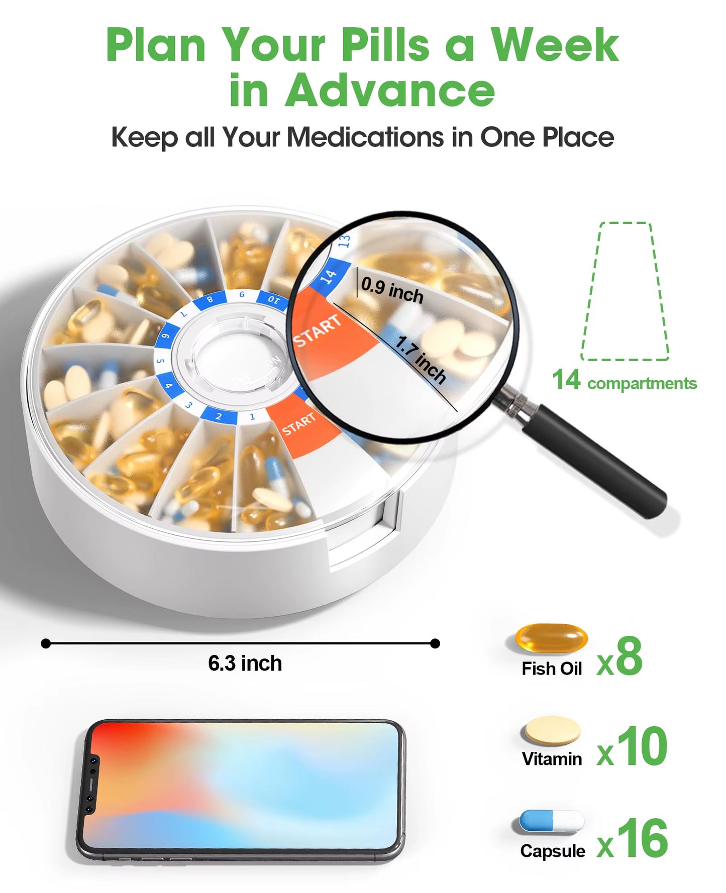 Pill Dispenser Daily, Large Pill Organizer with Wall-Mounted or Standing Use, 14 Days Pill Box, Push Button Design